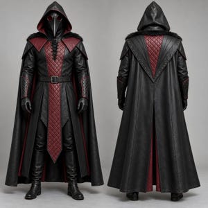 Men’s black and burgundy plague doctor leather costume featuring a long gothic hooded coat, quilted red leather chest panel, fur-trimmed shoulders, lace-up front closure, waist belt, matching leather bracers, gloves, and medieval-style detailing. Front and back views show the full-length dark fantasy coat with red accents, hood, shoulder armor, and flowing silhouette, ideal for Halloween, LARP, gothic cosplay, Renaissance fairs, and medieval fantasy events.