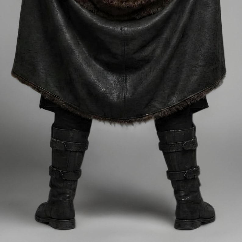 Front view of a bearded man wearing black leather Viking armor against a gray studio background. Layered angular chest panels sit above two waist buckles and long pointed leather skirt panels. A broad black cloak drapes over his shoulders, with dark brown fur edging around the collar and open front. Matching bracers cover his forearms, while strapped leg guards cover his shins over black trousers. He stands facing forward with his arms at his sides, showing the full costume and black lace boots.