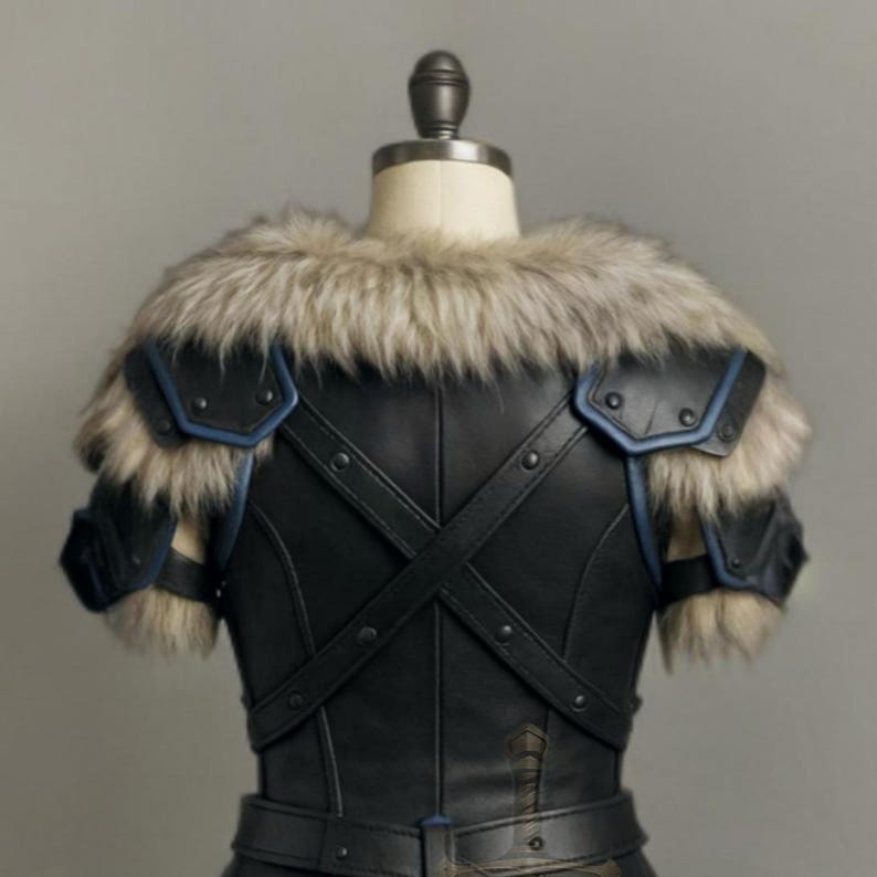 womens medieval leather armor, genuine leather cosplay set, dragon print chestplate, fur shoulder armor, blue trim armor dress, LARP viking warrior outfits, renaissance faire costume, fantasy armor for women, black leather body armor, adjustable buckle armor, handmade leather costume, gothic knight cosplay, historical reenactment gear, stage and theater armor, photography armor, custom size leather armor, dragon emblem armor, warrior queen outfit, faux fur shoulder pauldrons, layered skirt armor