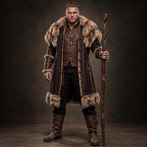 Men’s Viking warrior leather coat in rugged brown with a long medieval silhouette, wide synthetic faux fur collar, fur-trimmed cuffs and hem, front leather straps, metal buckle closures, and detailed stitched panels. The costume is styled over dark clothing for a bold Norse warrior look. Ideal for Viking cosplay, medieval LARP, Renaissance fairs, Halloween costumes, fantasy events, themed parties, stage performances, conventions, and dramatic medieval photoshoots.