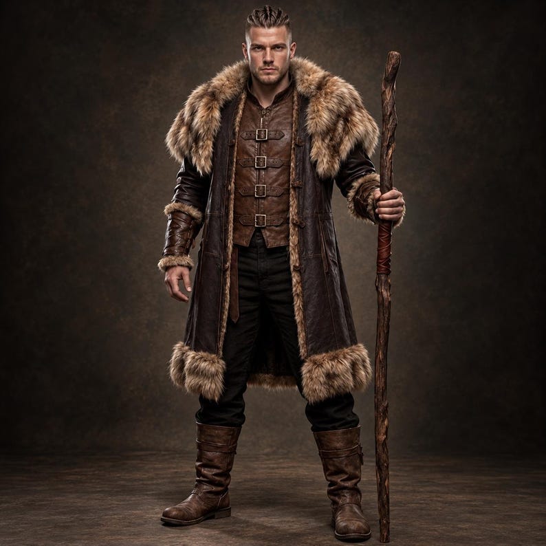 Viking Warrior Leather Coat | Men's Brown Faux Fur Medieval Norse LARP and Renaissance Costume