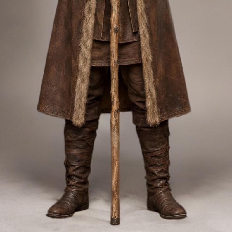 Full-length studio portrait of a rugged Viking warrior standing against a soft gray background. He wears a long brown leather coat with a wide fur-trimmed collar and fur edging down the front, layered over a matching leather tunic with toggle closures. Leather bracers, fitted pants, and tall wrapped boots complete the look. The bald, bearded man stands firmly with both hands resting on a wooden staff, creating a bold medieval Norse costume appearance.