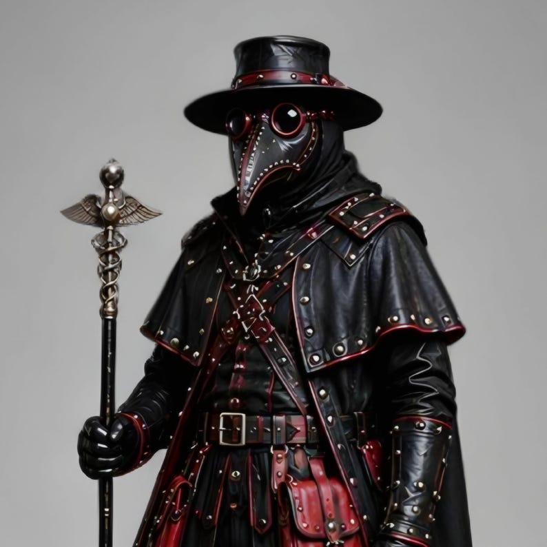 Black leather plague doctor costume coat with gothic and steampunk styling, red leather details, layered shoulder armor, straps, rivets, long sleeves, gloves and matching bracers. Dark fantasy medieval inspired cosplay outfit for Halloween, LARP, Renaissance fairs, photoshoots, festivals and costume parties. Handmade leather outerwear with a dramatic plague doctor aesthetic and customizable fit. Hat, plague doctor mask, bags, staff and accessories are not included and can be ordered separately.!