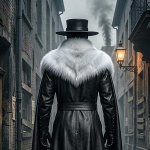 Men’s black leather Plague Doctor costume featuring a long double-breasted gothic coat, white fur shoulder collar, flowing black cape, matching leather pants, gloves, black boots, wide-brim hat, and classic beaked Plague Doctor mask. Full-body medieval dark fantasy outfit shown in an old plague-era street setting, ideal for Halloween cosplay, gothic events, LARP, Renaissance fairs, steampunk costumes, horror conventions, theater, and photoshoots.