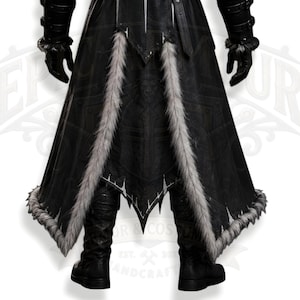 Men's Viking leather armor costume featuring a sleeveless lace-up inner leather vest and separate long-sleeve outer Viking coat with fur-trimmed shoulder armor. Medieval warrior design with adjustable straps, simple belt buckle, layered leather panels and rugged fur trim. Handmade LARP cosplay outfit for Halloween, winter events, Renaissance fairs, rave parties, fantasy conventions, medieval festivals and photoshoots. Custom sizing and customization available. Boots not included; matching boot
