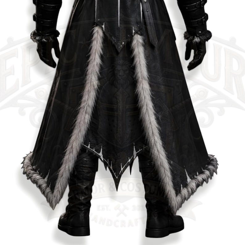 Men's Viking leather armor costume featuring a sleeveless lace-up inner leather vest and separate long-sleeve outer Viking coat with fur-trimmed shoulder armor. Medieval warrior design with adjustable straps, simple belt buckle, layered leather panels and rugged fur trim. Handmade LARP cosplay outfit for Halloween, winter events, Renaissance fairs, rave parties, fantasy conventions, medieval festivals and photoshoots. Custom sizing and customization available. Boots not included; matching boot
