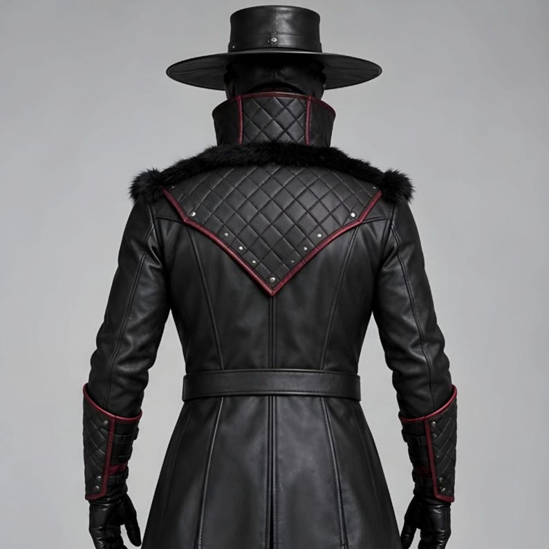Front and back views of a handmade black and burgundy leather plague doctor costume featuring a long gothic coat, quilted red panels, lace-up chest, buckle closures, waist belt, fur-trimmed shoulders, high collar, split coat tails, matching leather bracers, black gloves, pants, tall boots, wide-brim hat, and classic beak mask with round red lenses. Ideal for Halloween cosplay, gothic steampunk events, Renaissance fairs, LARP, costume parties, stage performances, and dark fantasy looks.