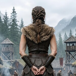 Women’s Viking shieldmaiden costume featuring a brown genuine leather lace-up bodice, soft fur-trimmed shoulders, adjustable waist belt, layered leather warrior skirt panels, matching arm guards, and tall brown boots. The full-body model stands in a misty medieval Norse village surrounded by wooden houses, watchtowers, mountains, campfires, and rustic scenery, creating a realistic Viking warrior look for LARP, cosplay, Renaissance fairs, and Halloween.