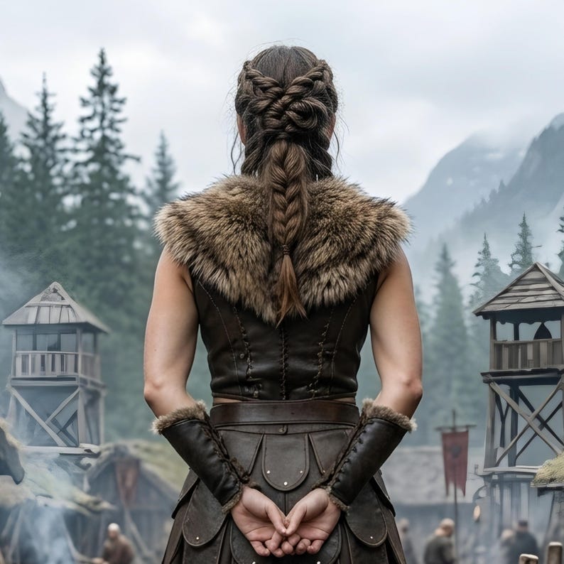 Women’s Viking shieldmaiden costume featuring a brown genuine leather lace-up bodice, soft fur-trimmed shoulders, adjustable waist belt, layered leather warrior skirt panels, matching arm guards, and tall brown boots. The full-body model stands in a misty medieval Norse village surrounded by wooden houses, watchtowers, mountains, campfires, and rustic scenery, creating a realistic Viking warrior look for LARP, cosplay, Renaissance fairs, and Halloween.