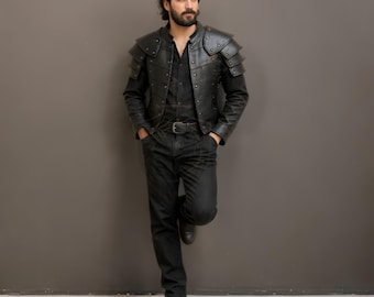 Men’s Black Leather Casual Armor Jacket | Modern Knight Streetwear Coat With Shoulder Pauldrons