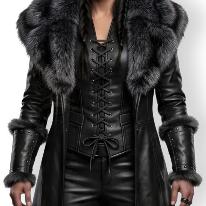 Women’s black Viking leather fur coat costume featuring a dramatic fur-trimmed collar, fitted lace-up front, long sleeves, structured cuffs, and a long medieval warrior silhouette. Handmade Shieldmaiden-inspired outfit for Halloween, Viking cosplay, LARP events, Renaissance fairs, medieval festivals, fantasy conventions, Gothic parties, winter events, stage performances, themed photoshoots, and Norse warrior looks. Custom sizing, color options, and made-to-order craftsmanship available for you.