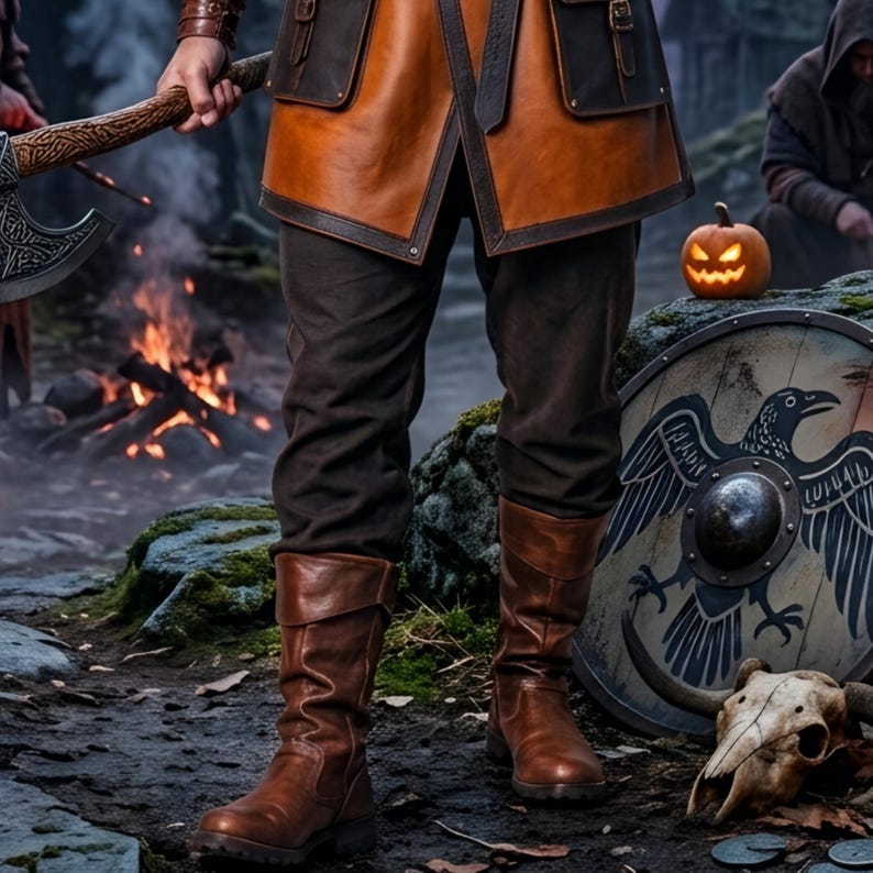 Men’s Viking leather tunic costume in brown leather with a wide fur shoulder collar, dark brown trim, adjustable buckle closures, waist belt, utility pouches, and matching leather forearm bracers. Front and back views show the knee-length Norse warrior tunic with short sleeves, fur across the shoulders, fitted belt, and medieval detailing. Ideal for Viking cosplay, LARP, Renaissance fairs, Halloween, fantasy events, and Norse warrior costumes.