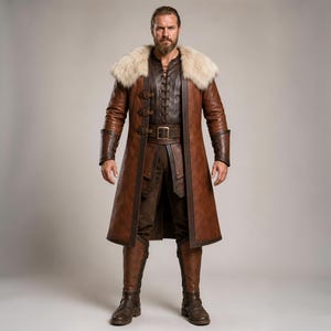 Front and back views of a handmade men’s brown leather Viking coat costume featuring a long medieval warrior design, wide cream fur shoulder collar, lace-up front, metal buckle closures, waist belt, dark leather trim, fitted sleeves, wrist guards, split coat hem, matching brown trousers, and tall leather boots. Rustic fantasy outfit inspired by Norse styles, ideal for Viking cosplay, Renaissance fairs, LARP events, Halloween costumes, stage performances, themed parties, and fantasy photoshoots.