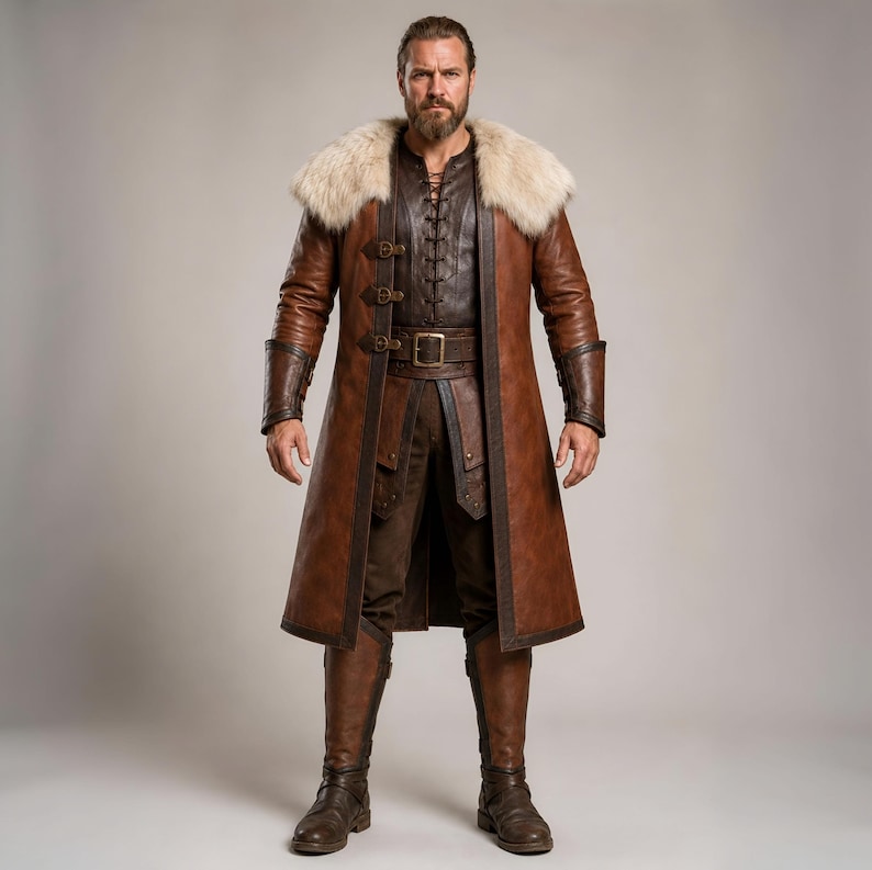 Front and back views of a handmade men’s brown leather Viking coat costume featuring a long medieval warrior design, wide cream fur shoulder collar, lace-up front, metal buckle closures, waist belt, dark leather trim, fitted sleeves, wrist guards, split coat hem, matching brown trousers, and tall leather boots. Rustic fantasy outfit inspired by Norse styles, ideal for Viking cosplay, Renaissance fairs, LARP events, Halloween costumes, stage performances, themed parties, and fantasy photoshoots.