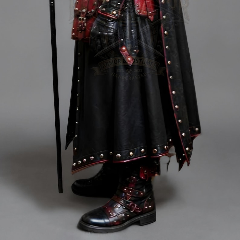 Black leather plague doctor costume coat with gothic and steampunk styling, red leather details, layered shoulder armor, straps, rivets, long sleeves, gloves and matching bracers. Dark fantasy medieval inspired cosplay outfit for Halloween, LARP, Renaissance fairs, photoshoots, festivals and costume parties. Handmade leather outerwear with a dramatic plague doctor aesthetic and customizable fit. Hat, plague doctor mask, bags, staff and accessories are not included and can be ordered separately.!