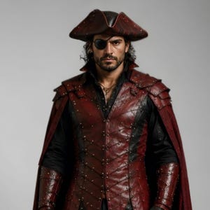 Men's leather pirate costume in dark red and black, featuring a detailed leather vest, layered shoulder armor, arm bracers, leg armor, and flowing cape. Handmade pirate cosplay outfit for Halloween, LARP, Renaissance fairs, medieval fantasy events, themed parties, festivals, conventions, stage performances, and photoshoots. Custom sizing, colors, length, and design options available. Dark fantasy pirate captain costume with wearable leather armor and handcrafted details.