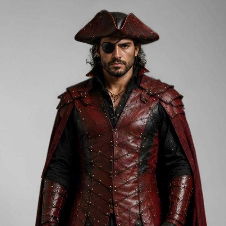 Men's leather pirate costume in dark red and black, featuring a detailed leather vest, layered shoulder armor, arm bracers, leg armor, and flowing cape. Handmade pirate cosplay outfit for Halloween, LARP, Renaissance fairs, medieval fantasy events, themed parties, festivals, conventions, stage performances, and photoshoots. Custom sizing, colors, length, and design options available. Dark fantasy pirate captain costume with wearable leather armor and handcrafted details.
