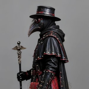 Black leather plague doctor costume coat with gothic and steampunk styling, red leather details, layered shoulder armor, straps, rivets, long sleeves, gloves and matching bracers. Dark fantasy medieval inspired cosplay outfit for Halloween, LARP, Renaissance fairs, photoshoots, festivals and costume parties. Handmade leather outerwear with a dramatic plague doctor aesthetic and customizable fit. Hat, plague doctor mask, bags, staff and accessories are not included and can be ordered separately.!