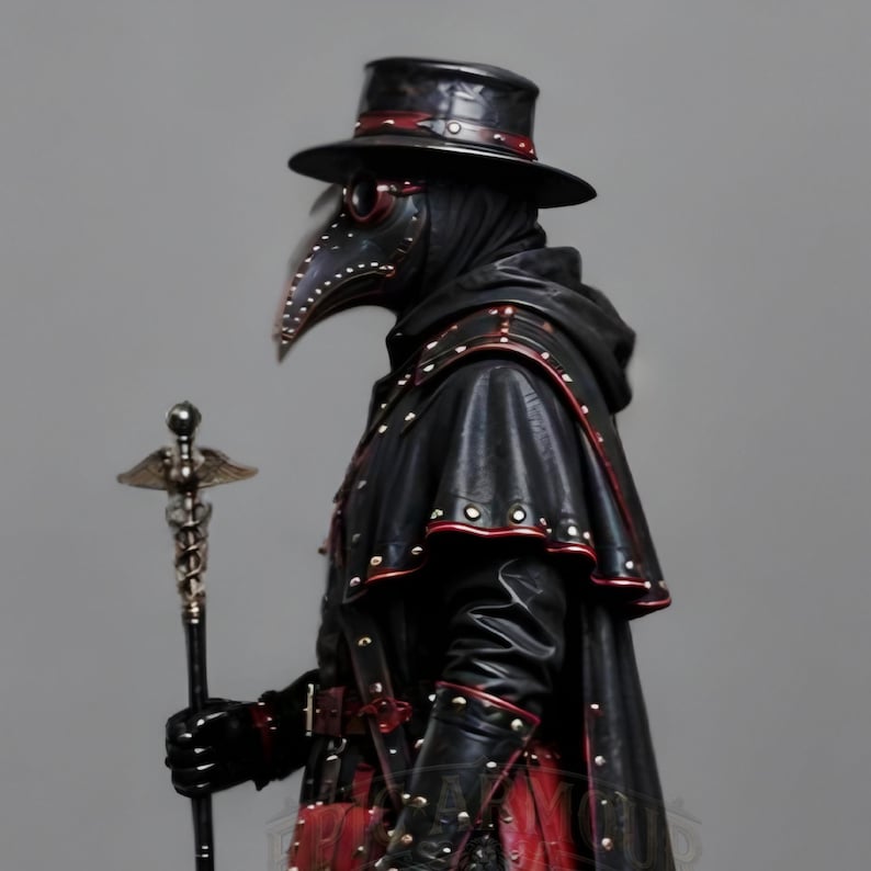 Black leather plague doctor costume coat with gothic and steampunk styling, red leather details, layered shoulder armor, straps, rivets, long sleeves, gloves and matching bracers. Dark fantasy medieval inspired cosplay outfit for Halloween, LARP, Renaissance fairs, photoshoots, festivals and costume parties. Handmade leather outerwear with a dramatic plague doctor aesthetic and customizable fit. Hat, plague doctor mask, bags, staff and accessories are not included and can be ordered separately.!