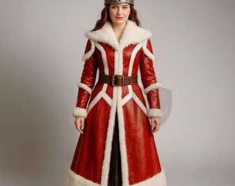 Women Viking Red Leather Fur Coat | Norse Warrior Winter Cosplay Long Jacket | Christmas Outfit