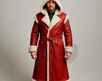 Men Red Leather Fur Trim Coat Hooded Winter Shearling Jacket Cosplay Overcoat | Christmas Outfit