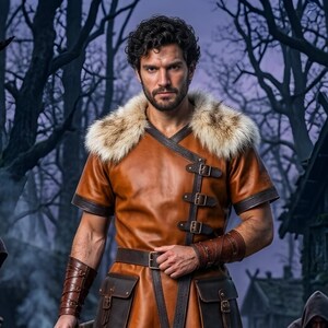 Men’s Viking leather tunic costume in brown leather with a wide fur shoulder collar, dark brown trim, adjustable buckle closures, waist belt, utility pouches, and matching leather forearm bracers. Front and back views show the knee-length Norse warrior tunic with short sleeves, fur across the shoulders, fitted belt, and medieval detailing. Ideal for Viking cosplay, LARP, Renaissance fairs, Halloween, fantasy events, and Norse warrior costumes.