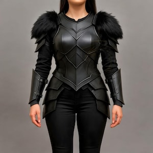 May include: Black leather armor set with fur shoulder accents. The armor features a geometric design with layered plates and arm guards. The model is wearing black pants and a black long-sleeve shirt.