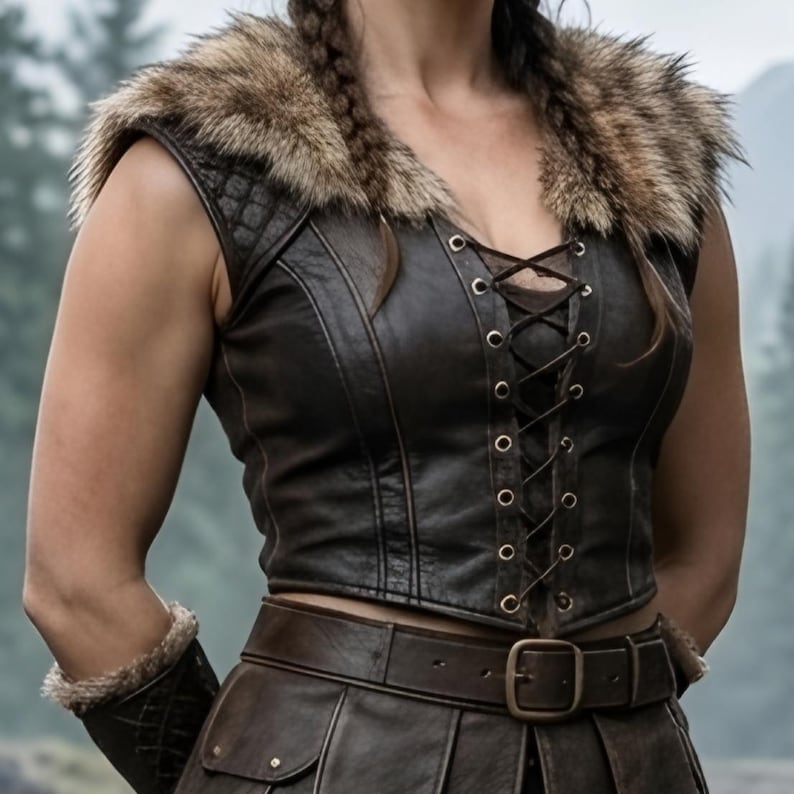 Women’s Viking shieldmaiden costume featuring a brown genuine leather lace-up bodice, soft fur-trimmed shoulders, adjustable waist belt, layered leather warrior skirt panels, matching arm guards, and tall brown boots. The full-body model stands in a misty medieval Norse village surrounded by wooden houses, watchtowers, mountains, campfires, and rustic scenery, creating a realistic Viking warrior look for LARP, cosplay, Renaissance fairs, and Halloween.