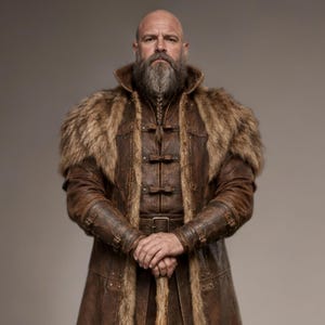 Full-length studio portrait of a rugged Viking warrior standing against a soft gray background. He wears a long brown leather coat with a wide fur-trimmed collar and fur edging down the front, layered over a matching leather tunic with toggle closures. Leather bracers, fitted pants, and tall wrapped boots complete the look. The bald, bearded man stands firmly with both hands resting on a wooden staff, creating a bold medieval Norse costume appearance.