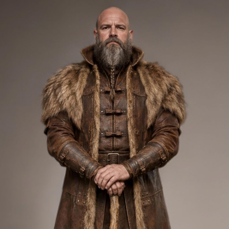 Full-length studio portrait of a rugged Viking warrior standing against a soft gray background. He wears a long brown leather coat with a wide fur-trimmed collar and fur edging down the front, layered over a matching leather tunic with toggle closures. Leather bracers, fitted pants, and tall wrapped boots complete the look. The bald, bearded man stands firmly with both hands resting on a wooden staff, creating a bold medieval Norse costume appearance.