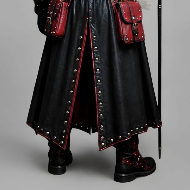Black leather plague doctor costume coat with gothic and steampunk styling, red leather details, layered shoulder armor, straps, rivets, long sleeves, gloves and matching bracers. Dark fantasy medieval inspired cosplay outfit for Halloween, LARP, Renaissance fairs, photoshoots, festivals and costume parties. Handmade leather outerwear with a dramatic plague doctor aesthetic and customizable fit. Hat, plague doctor mask, bags, staff and accessories are not included and can be ordered separately.!