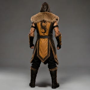 Black leather Viking ninja armor costume with antique gold leather panels, fur-trimmed shoulders, deep hood, adjustable waist belt, layered front armor, matching leather arm bracers, wrist guards and lower leg armor. Handmade medieval fantasy outfit with a rugged warrior-inspired design, suitable for Halloween, LARP, cosplay, Renaissance fairs, conventions, themed parties and fantasy photoshoots. Custom sizing and color options available.