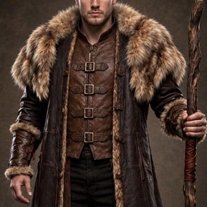 Men’s Viking warrior leather coat in rugged brown with a long medieval silhouette, wide synthetic faux fur collar, fur-trimmed cuffs and hem, front leather straps, metal buckle closures, and detailed stitched panels. The costume is styled over dark clothing for a bold Norse warrior look. Ideal for Viking cosplay, medieval LARP, Renaissance fairs, Halloween costumes, fantasy events, themed parties, stage performances, conventions, and dramatic medieval photoshoots.