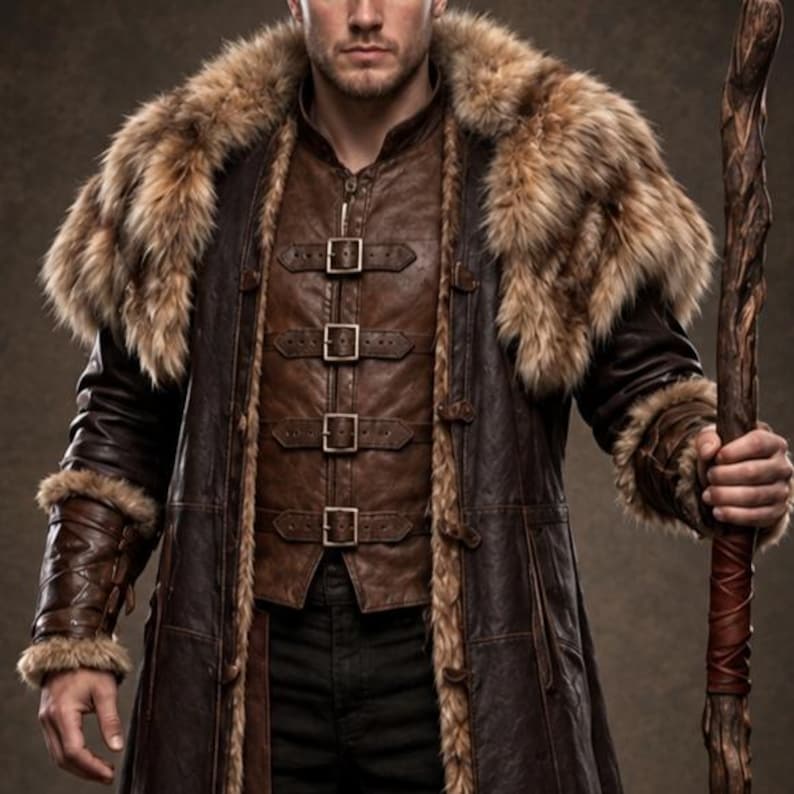 Men’s Viking warrior leather coat in rugged brown with a long medieval silhouette, wide synthetic faux fur collar, fur-trimmed cuffs and hem, front leather straps, metal buckle closures, and detailed stitched panels. The costume is styled over dark clothing for a bold Norse warrior look. Ideal for Viking cosplay, medieval LARP, Renaissance fairs, Halloween costumes, fantasy events, themed parties, stage performances, conventions, and dramatic medieval photoshoots.