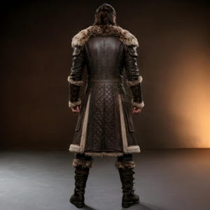 Brown leather Viking fur coat with a long medieval design, wide waist belt, layered leather panels, fur-trimmed collar, front edges and cuffs, and matching leather leg armor. Rugged Norse-inspired cosplay outfit for men, suitable for Halloween, LARP events, Viking cosplay, Renaissance fairs, medieval festivals, fantasy conventions, themed parties and photoshoots. Handmade with custom sizing and design options available.