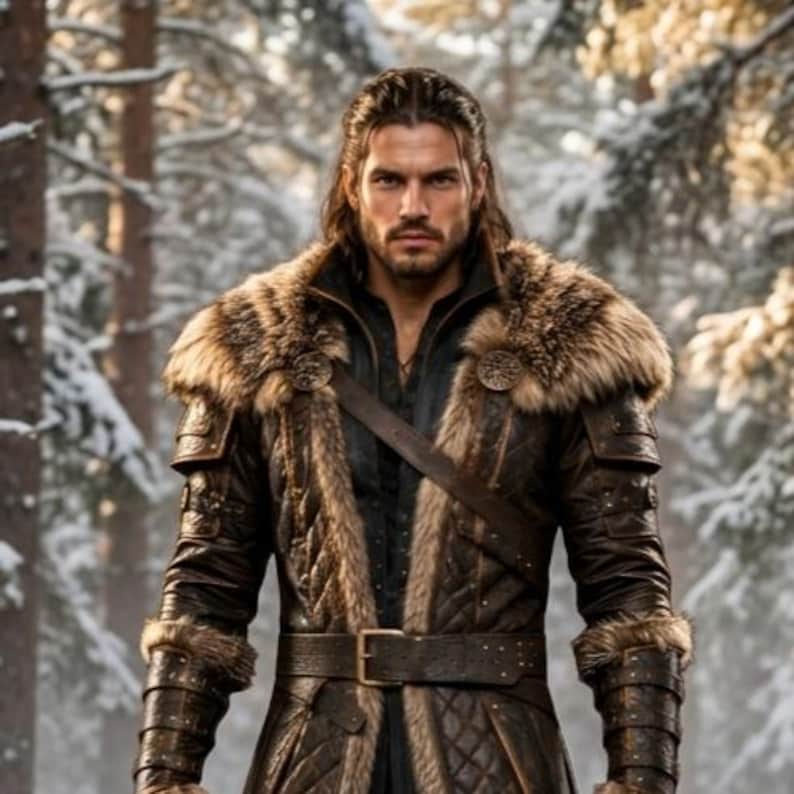 Brown leather Viking fur coat with a long medieval design, wide waist belt, layered leather panels, fur-trimmed collar, front edges and cuffs, and matching leather leg armor. Rugged Norse-inspired cosplay outfit for men, suitable for Halloween, LARP events, Viking cosplay, Renaissance fairs, medieval festivals, fantasy conventions, themed parties and photoshoots. Handmade with custom sizing and design options available.