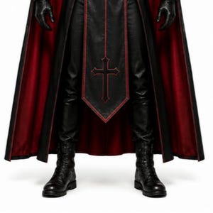 Black leather gothic priest costume with a deep hood, red-lined flowing cloak, structured front leather panels, cross-inspired detailing, wide waist belt, matching leather arm guards, and long sleeves. Dark medieval fantasy outfit designed for Halloween, gothic cosplay, LARP, horror events, conventions, theatrical performances, themed parties, and photoshoots. Handmade leather costume with custom sizing and customization options available.