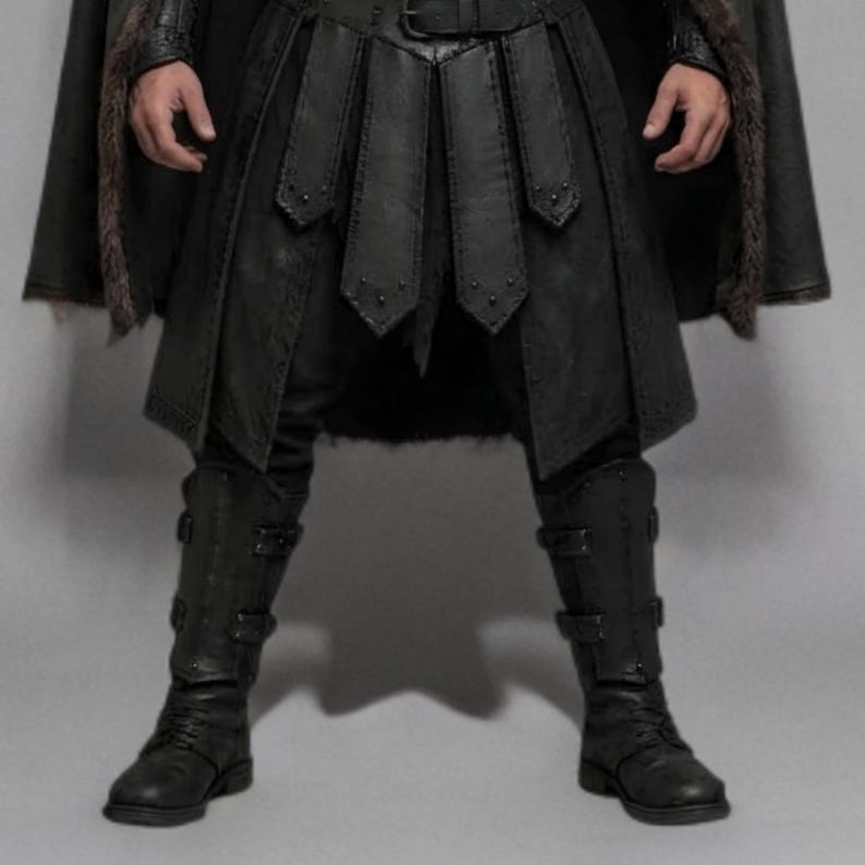 Front view of a bearded man wearing black leather Viking armor against a gray studio background. Layered angular chest panels sit above two waist buckles and long pointed leather skirt panels. A broad black cloak drapes over his shoulders, with dark brown fur edging around the collar and open front. Matching bracers cover his forearms, while strapped leg guards cover his shins over black trousers. He stands facing forward with his arms at his sides, showing the full costume and black lace boots.