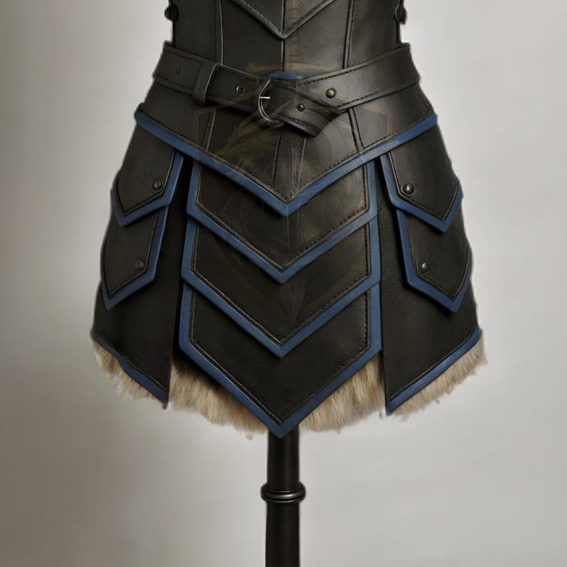 womens medieval leather armor, genuine leather cosplay set, dragon print chestplate, fur shoulder armor, blue trim armor dress, LARP viking warrior outfits, renaissance faire costume, fantasy armor for women, black leather body armor, adjustable buckle armor, handmade leather costume, gothic knight cosplay, historical reenactment gear, stage and theater armor, photography armor, custom size leather armor, dragon emblem armor, warrior queen outfit, faux fur shoulder pauldrons, layered skirt armor