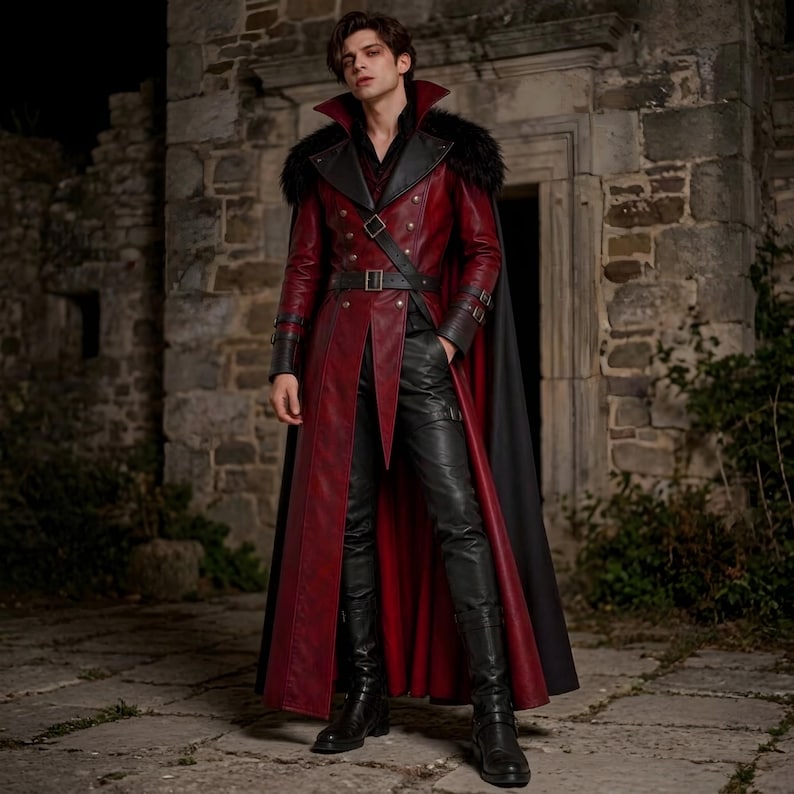 Gothic Vampire Leather Coat | Mens Red Black Renaissancefaire Costume | Victorian Halloween LARP Cosplay Costume