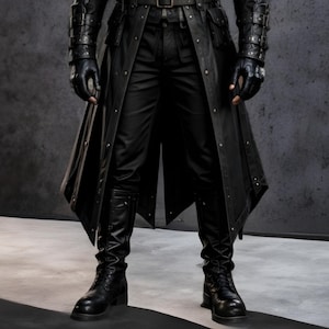 Black leather hooded warrior armor coat, dark gothic medieval fantasy outfit. Long silhouette with layered shoulder panels, attached hood, adjustable front buckles, detailed forearm sections, and full-length design. Genuine black leather, handmade, solid black color. Perfect for LARP, Renaissance fairs, Halloween cosplay, medieval festivals, photoshoots, stage performances, and themed events. Unisex medieval inspired warrior armor coat with strong tactical and fantasy warrior look.