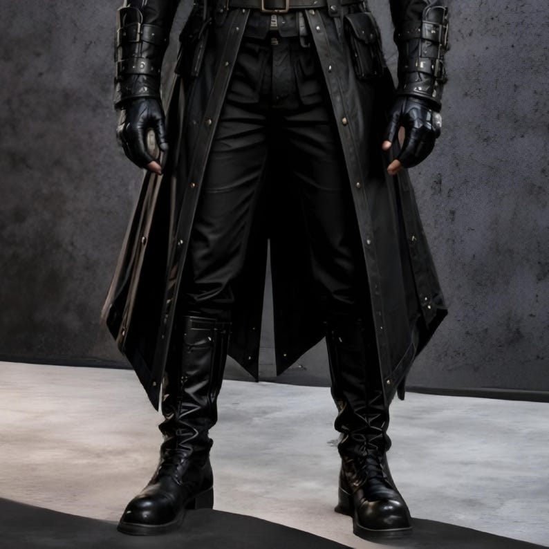 Black leather hooded warrior armor coat, dark gothic medieval fantasy outfit. Long silhouette with layered shoulder panels, attached hood, adjustable front buckles, detailed forearm sections, and full-length design. Genuine black leather, handmade, solid black color. Perfect for LARP, Renaissance fairs, Halloween cosplay, medieval festivals, photoshoots, stage performances, and themed events. Unisex medieval inspired warrior armor coat with strong tactical and fantasy warrior look.