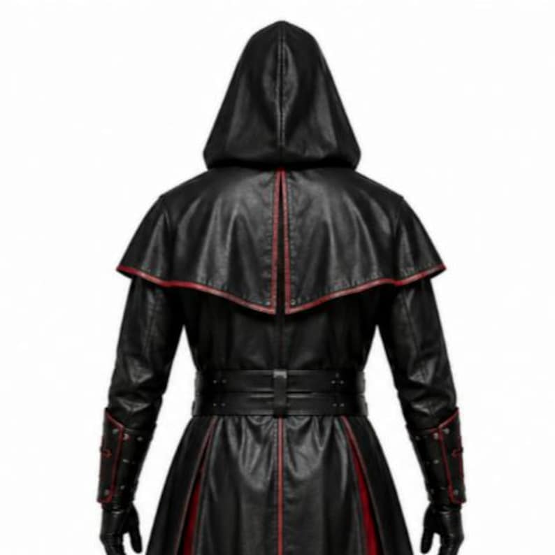 Black leather gothic priest costume with a deep hood, red-lined flowing cloak, structured front leather panels, cross-inspired detailing, wide waist belt, matching leather arm guards, and long sleeves. Dark medieval fantasy outfit designed for Halloween, gothic cosplay, LARP, horror events, conventions, theatrical performances, themed parties, and photoshoots. Handmade leather costume with custom sizing and customization options available.