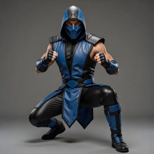 May include: A blue and black costume with a hood and mask. The costume features a sleeveless top, trousers, and boots. The person is in a crouching position, with fists clenched.