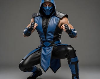 Handmade Sub Zero Mortal Kombat Men's Blue Black Leather Cosplay Hooded Ninja Costume Outfit