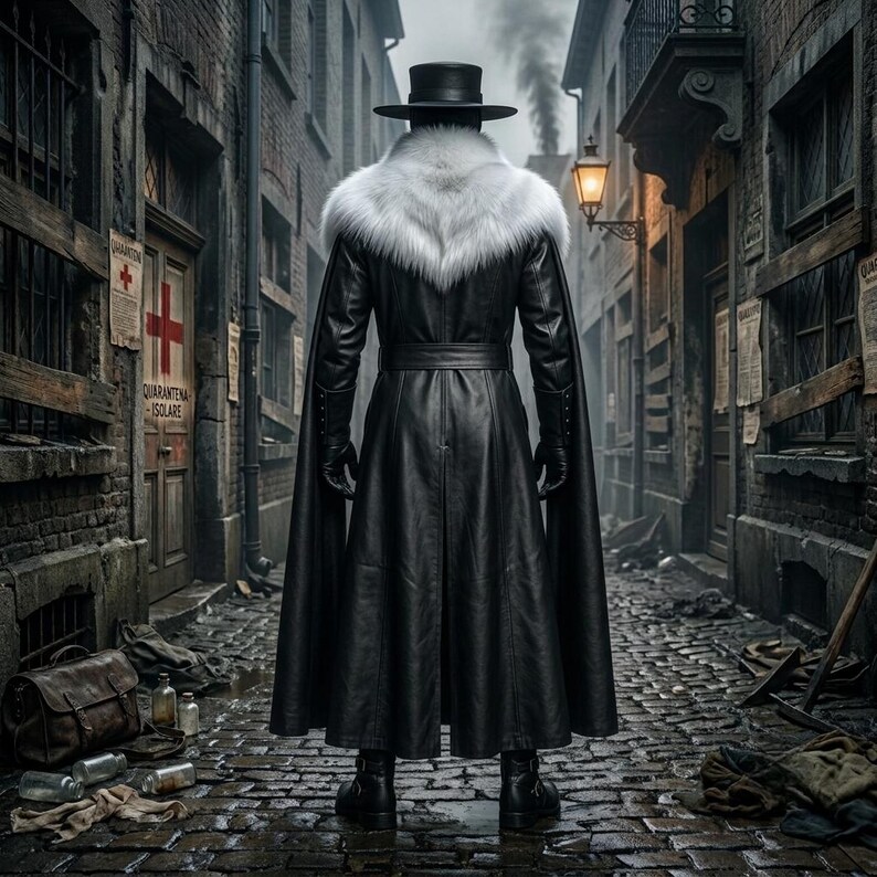 May include: A long black leather coat with a wide white fur collar, worn with a black wide-brimmed hat and black gloves. The coat features a belted waist and a flared hem, creating a structured silhouette. The attire is shown from the back view.