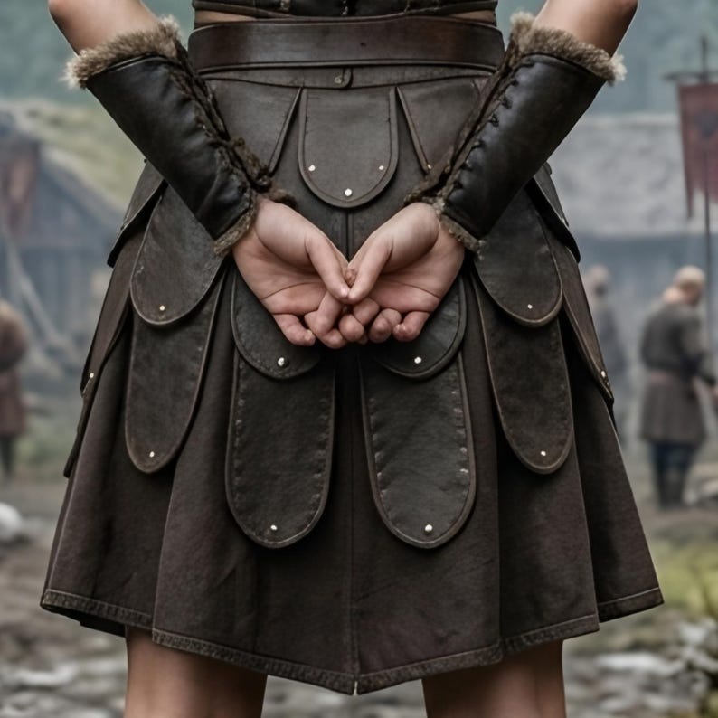 Women’s Viking shieldmaiden costume featuring a brown genuine leather lace-up bodice, soft fur-trimmed shoulders, adjustable waist belt, layered leather warrior skirt panels, matching arm guards, and tall brown boots. The full-body model stands in a misty medieval Norse village surrounded by wooden houses, watchtowers, mountains, campfires, and rustic scenery, creating a realistic Viking warrior look for LARP, cosplay, Renaissance fairs, and Halloween.