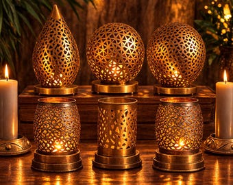 Set di portacandele marocchini in ottone – Lanterne geometriche fatte a mano, decorazioni da tavola dall'atmosfera calda, illuminazione boho per la casa