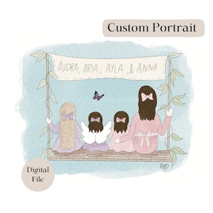 Custom 4 Person Memorial Portrait, Angel Portrait, Digital Illustration PDF, Custom Miscarriage Portrait, Stillborn Portrait, Sibling Loss
