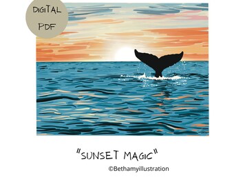 Sunset Magic Digital Print PDF, Whale Art, Downloadable Art Print, Ocean Art, Wall Print, PDF